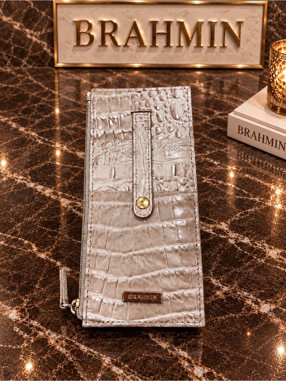 BRAHMIN Croc Embossed Leather Slim Wallet Card Holder Zip Coin Pocket Ivory